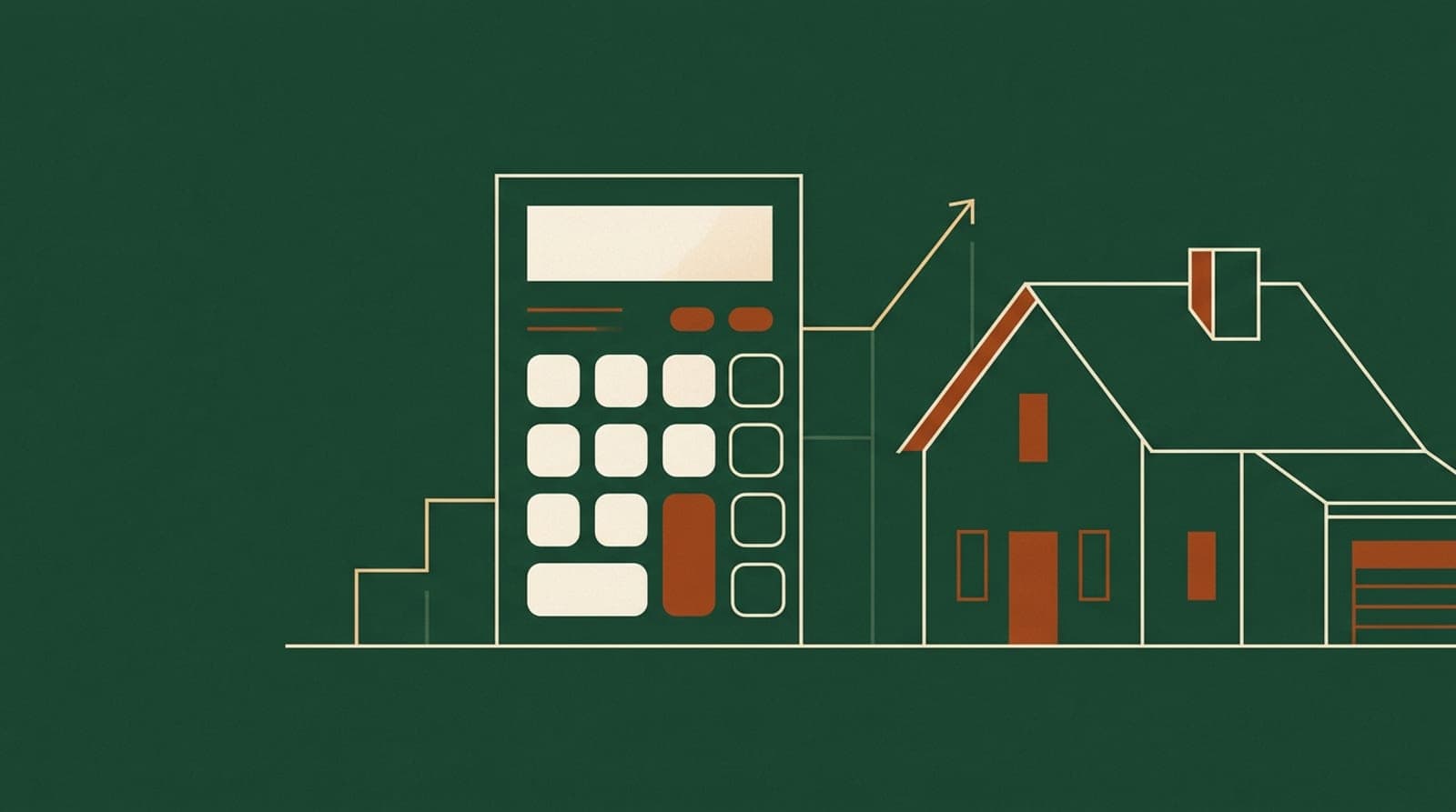 Illustration of a house beside an oversized calculator with a rising graph, drawn on a deep green background